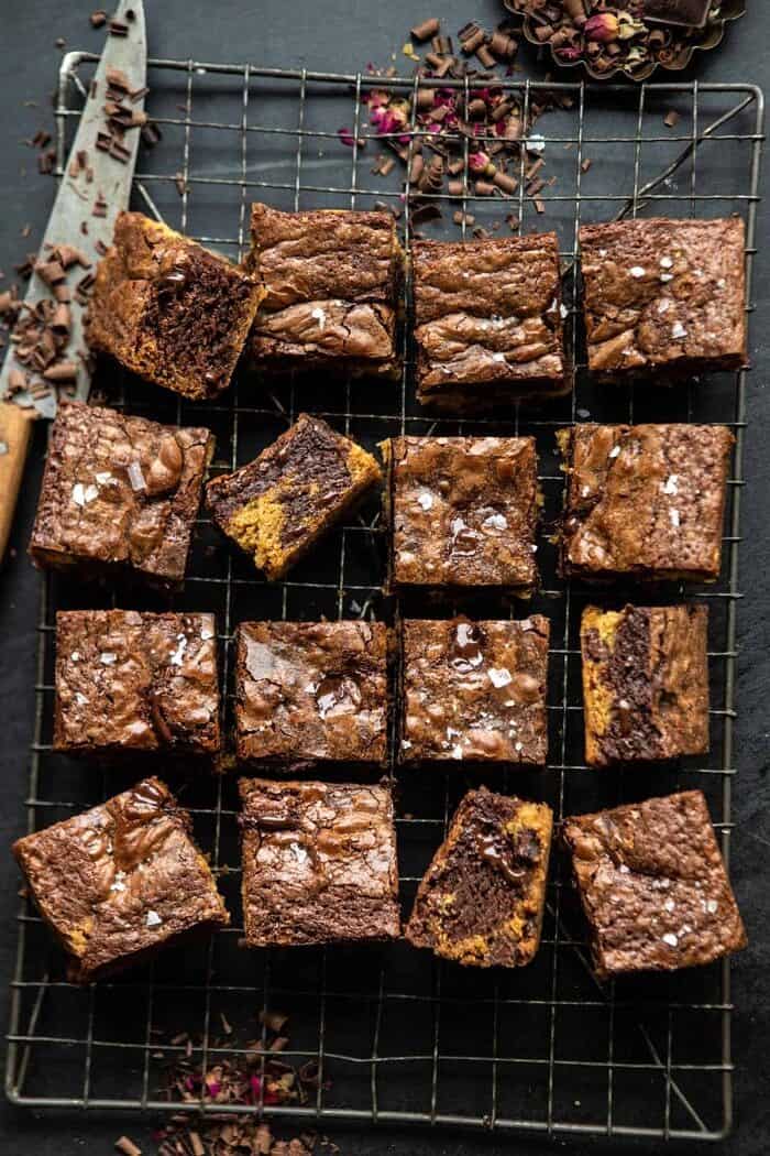 Salted Cookie Crinkle Top Brownies | halfbakedharvest.com overhead photo of Salted Cookie Crinkle Top Brownies