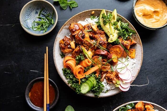 Sheet Pan Korean Chicken Bowl with Sweet Potatoes and Yum Yum Sauce | halfbakedharvest.com #sheetpan #korean horizontal photo of Sheet Pan Korean Chicken Bowl with Sweet Potatoes and Yum Yum Sauce