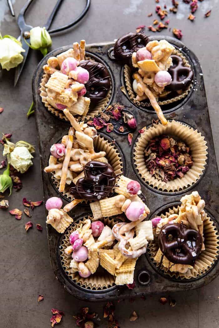 overhead photo of Valentine’s Day Double Chocolate Chex Mix 