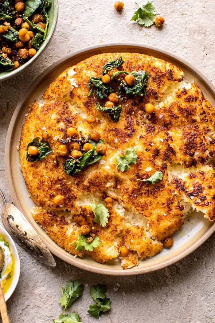Crispy Persian Rice (Tahdig) with Spiced Golden Chickpeas | halfbakedharvest.com overhead photo of Crispy Persian Rice (Tahdig) with Spiced Golden Chickpeas