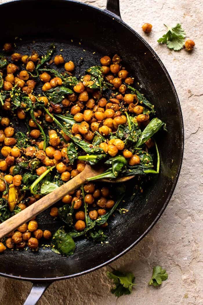 Crispy Persian Rice (Tahdig) with Spiced Golden Chickpeas | halfbakedharvest.com overhead photo of Spiced Golden Chickpeas in skillet