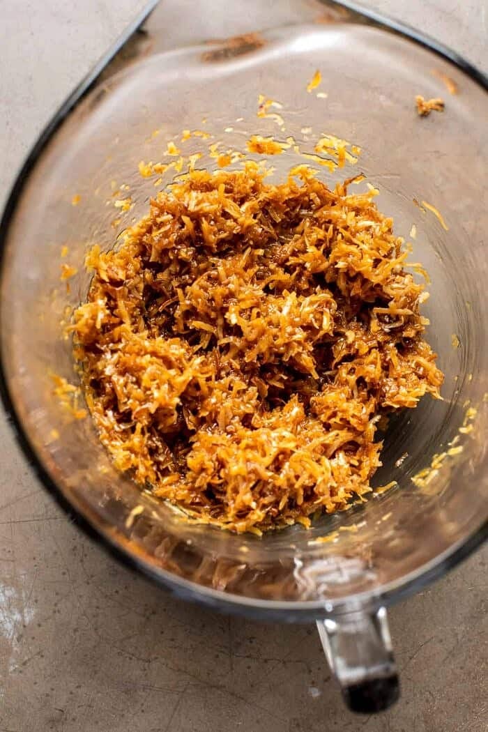 Healthyish Homemade Samoas Cookies | halfbakedharvest.com prep photo of coconut caramel in bowl