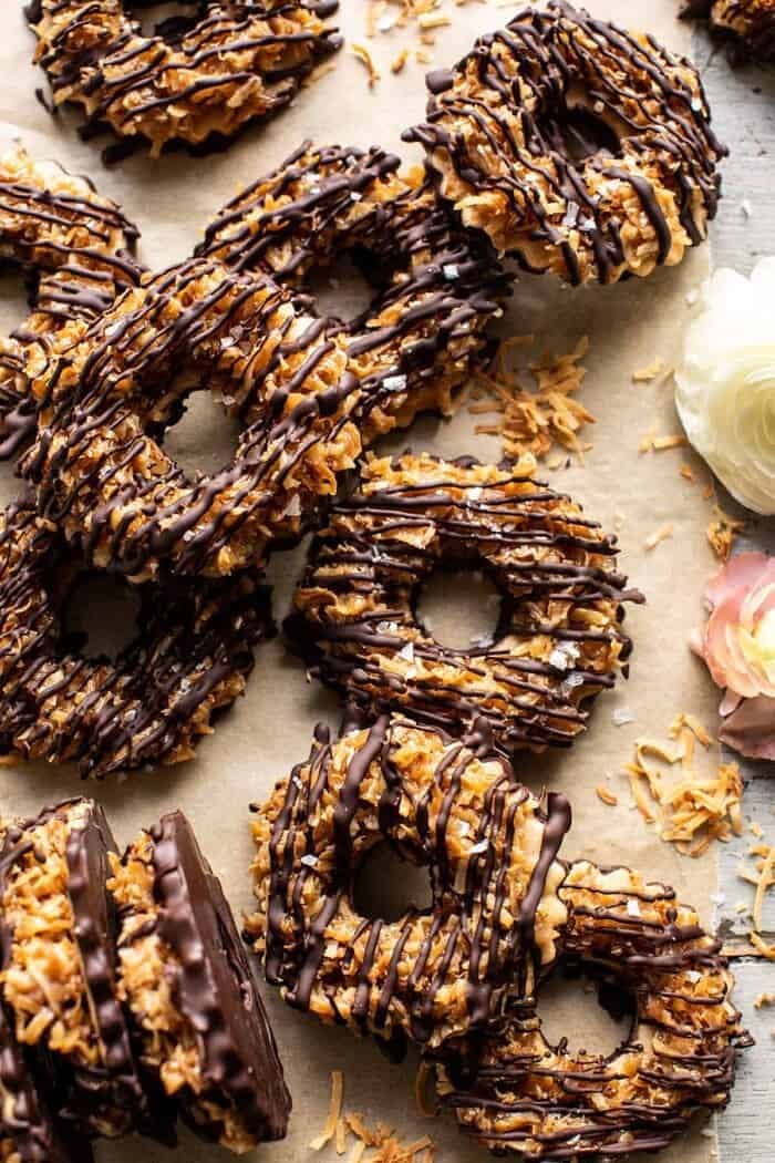 Healthyish Homemade Samoas Cookies | halfbakedharvest.com overhead close up photo of Healthyish Homemade Samoas Cookies