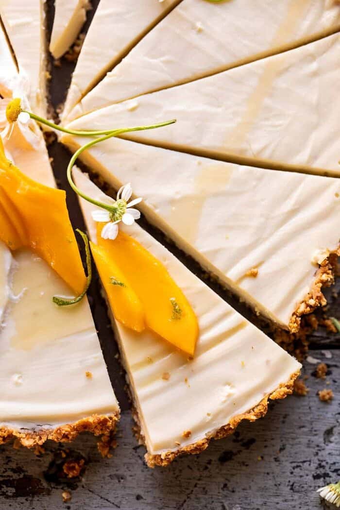 overhead close up photo of No Fuss Coconut Lime Tart slice