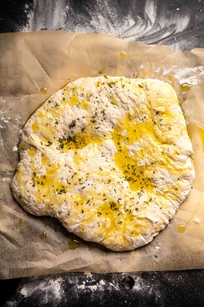 No Knead Rosemary Garlic Parmesan Bread | halfbakedharvest.com prep photo of dough before baking