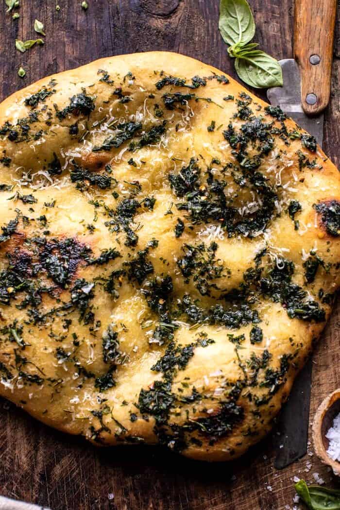 No Knead Rosemary Garlic Parmesan Bread | halfbakedharvest.com overhead close up photo of No Knead Rosemary Garlic Parmesan Bread