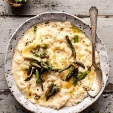 No Stir Brie Risotto with Lemon Butter Asparagus | halfbakedharvest.com