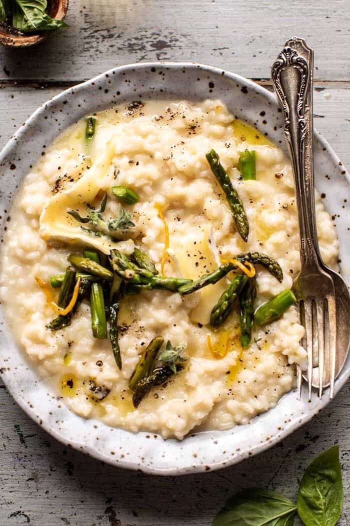 No Stir Brie Risotto with Lemon Butter Asparagus | halfbakedharvest.com