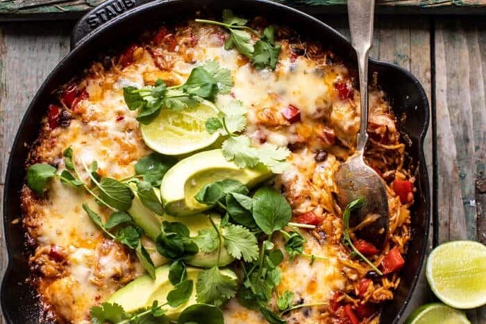 One Skillet Cheesy Cuban Chicken Rice Bake | halfbakedharvest.com horizontal photo of One Skillet Cheesy Cuban Chicken Rice Bake