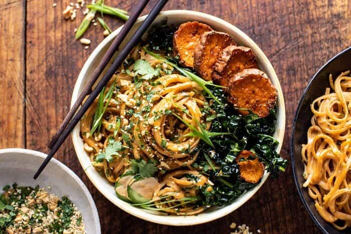 Saucy Tahini Noodles with Honey'd Sweet Potatoes | halfbakedharvest.com overhead horizontal photo of Saucy Tahini Noodles with Honey'd Sweet Potatoes