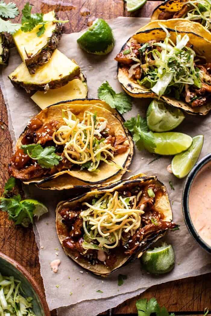 overhead close up photo of Slow Cooker Braised Hawaiian Pineapple Chicken Tacos