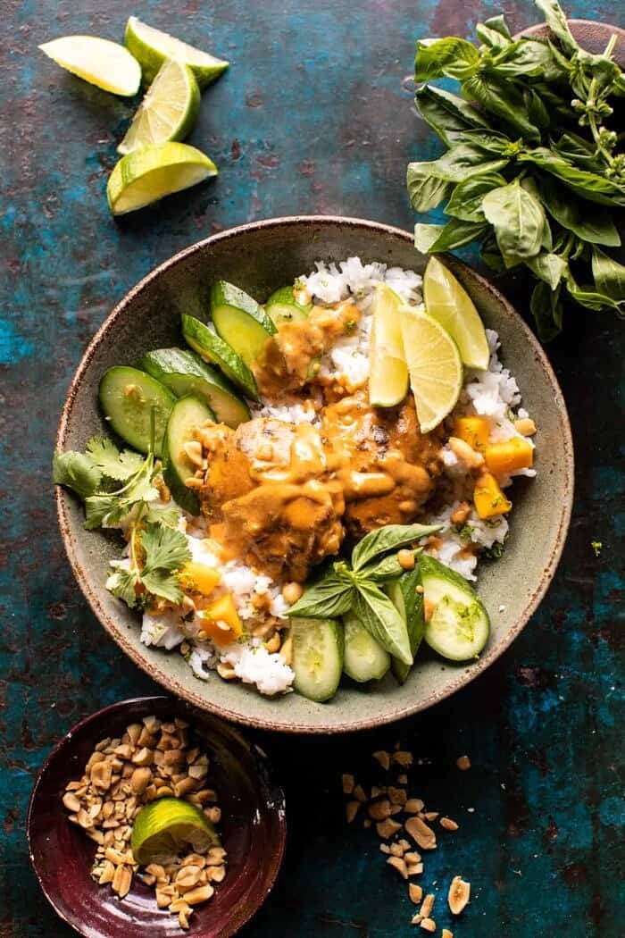 Weeknight Thai Peanut Chicken with Spicy Lime Mango | halfbakedharvest.com overhead photo of Weeknight Thai Peanut Chicken with Spicy Lime Mango