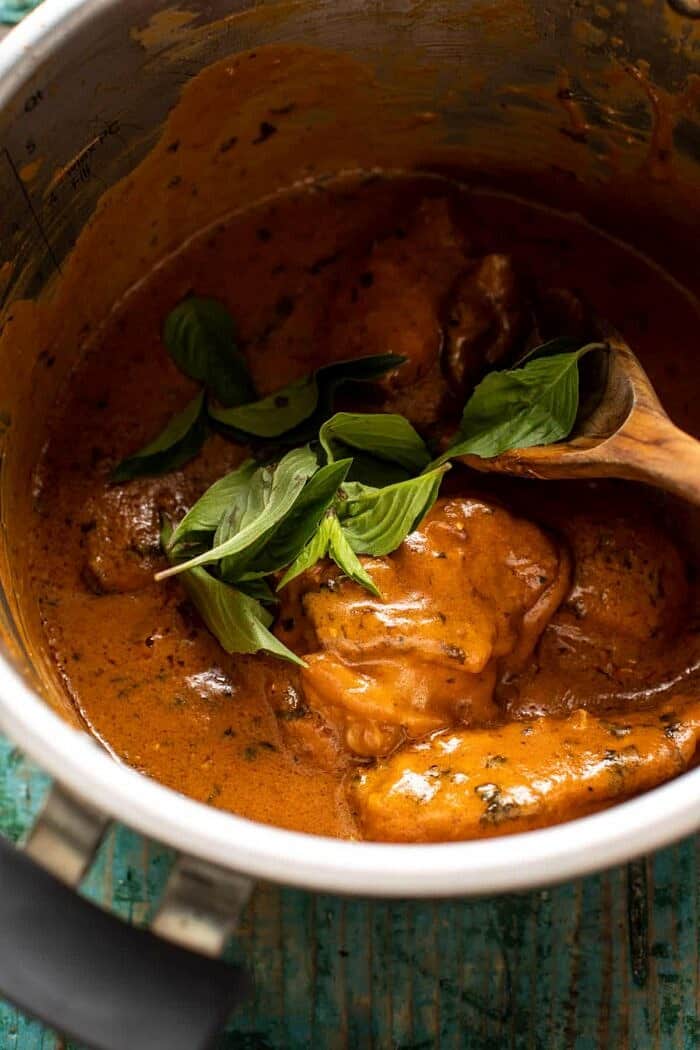 Weeknight Thai Peanut Chicken with Spicy Lime Mango | halfbakedharvest.com prep photo of Thai peanut chicken in instant pot