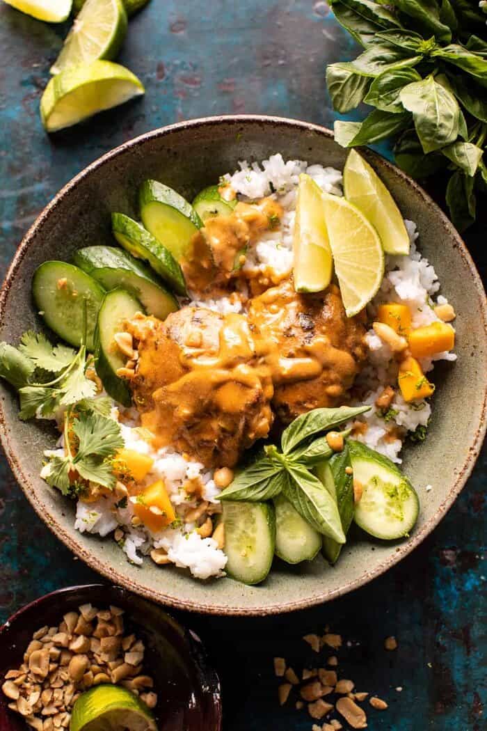 Weeknight Thai Peanut Chicken with Spicy Lime Mango | halfbakedharvest.com overhead close up photo of Weeknight Thai Peanut Chicken with Spicy Lime Mango