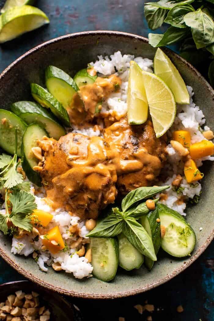 Weeknight Thai Peanut Chicken with Spicy Lime Mango | halfbakedharvest.com overhead close up photo of Weeknight Thai Peanut Chicken with Spicy Lime Mango