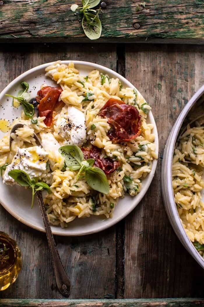 20 Minute Orzo Carbonara with Crispy Prosciutto and Burrata | halfbakedharvest.com