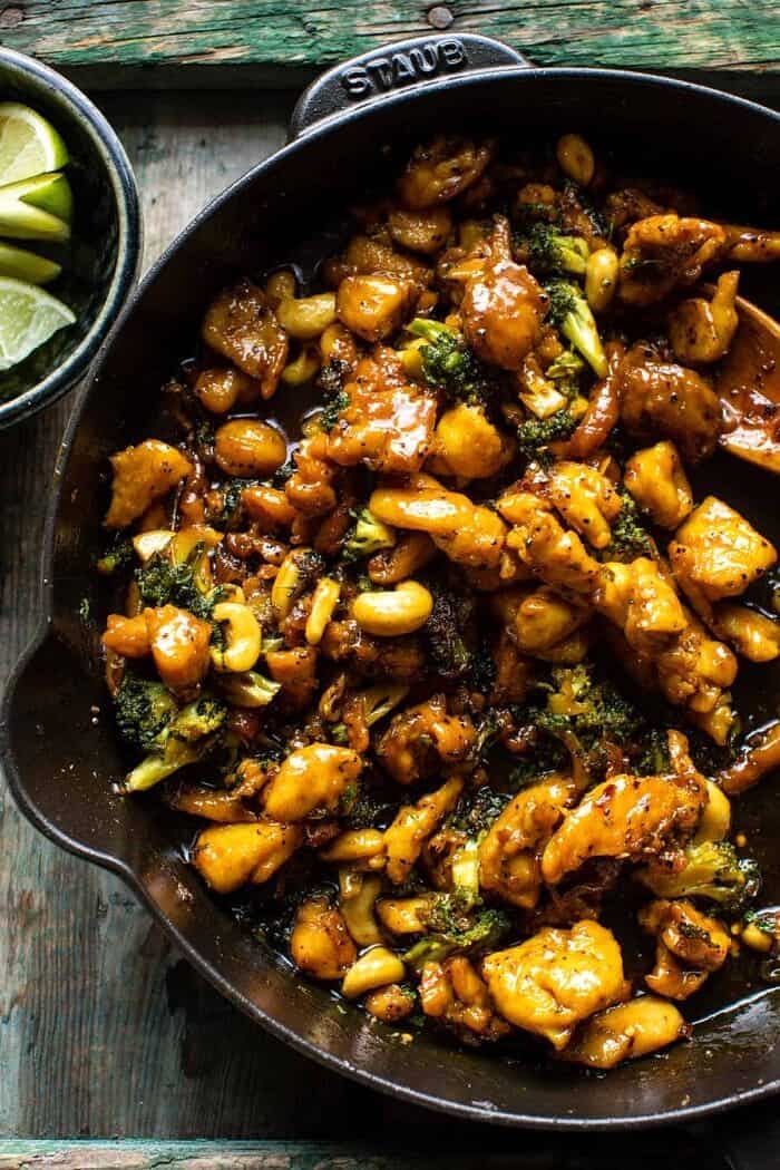 25 Minute Thai Black Pepper Chicken and Garlic Noodles | halfbakedharvest.com overhead photo of 25 Minute Thai Black Pepper Chicken in skillet