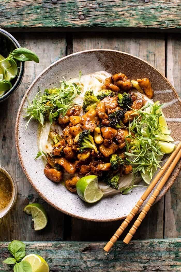 25 Minute Thai Black Pepper Chicken and Garlic Noodles | halfbakedharvest.com overhead close up photo of 25 Minute Thai Black Pepper Chicken and Garlic Noodles