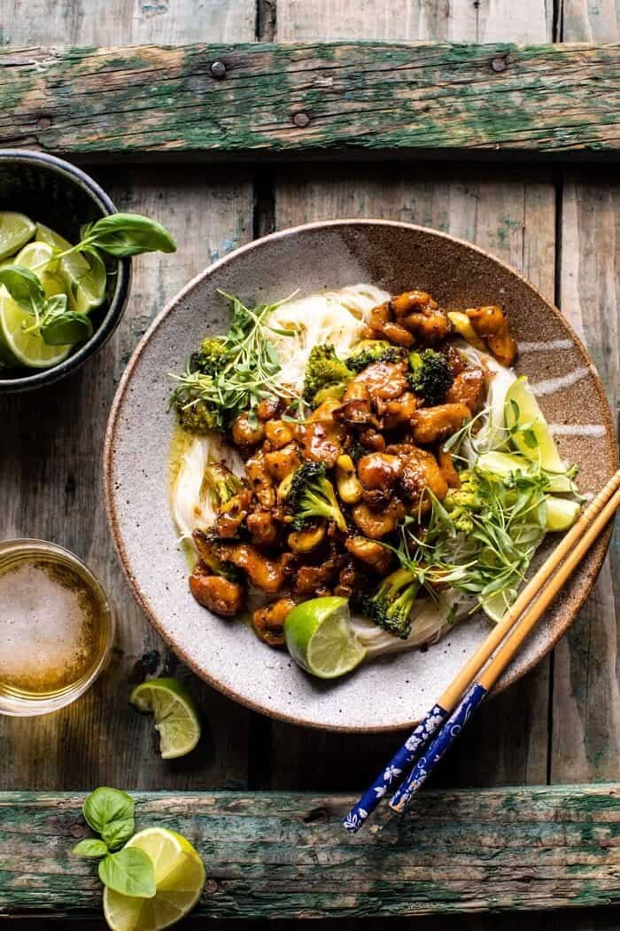 25 Minute Thai Black Pepper Chicken and Garlic Noodles | halfbakedharvest.com overhead photo of 25 Minute Thai Black Pepper Chicken and Garlic Noodles