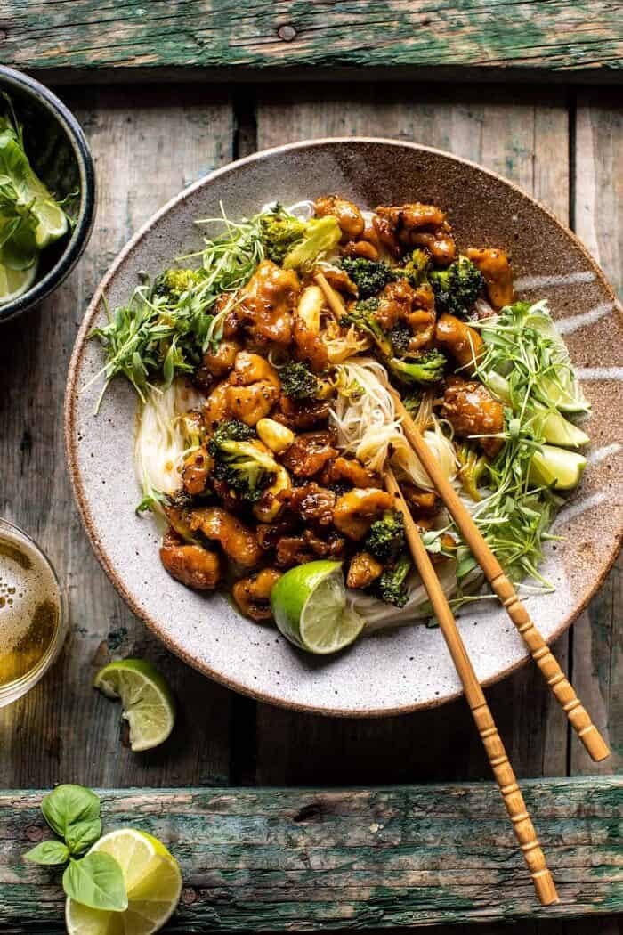 25 Minute Thai Black Pepper Chicken and Garlic Noodles | halfbakedharvest.com overhead photo of 25 Minute Thai Black Pepper Chicken and Garlic Noodles with chopsticks