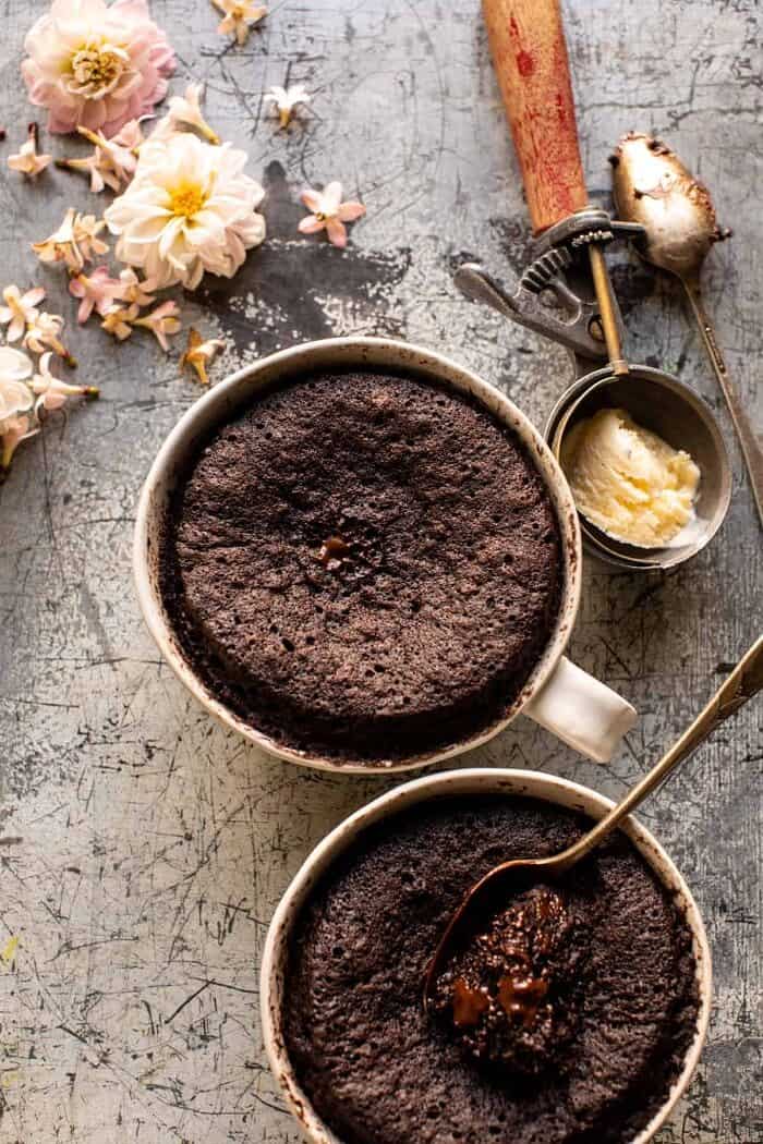 overhead photo of 5 Minute Molten Chocolate Mug Cake without ice cream 