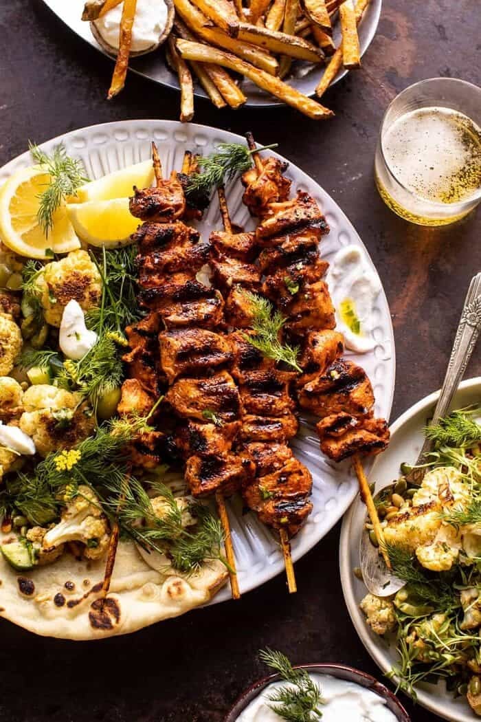 overhead photo of Lebanese Chicken with Charred Lemon Cauliflower