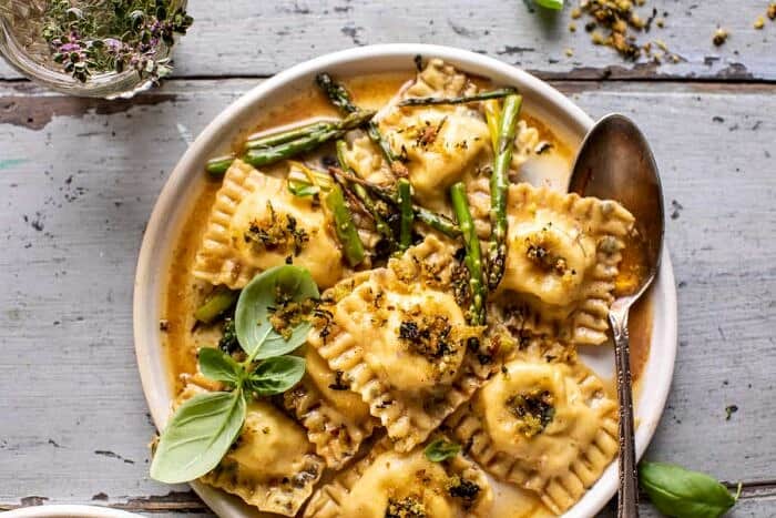 overhead horizontal photo of Lemon Butter Cheese Ravioli with Garlic Basil Breadcrumbs