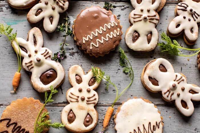 overhead photo of Milk Chocolate Stuffed Peanut Butter Bunny Cookies 