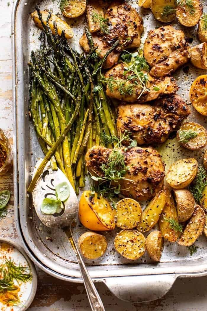 overhead photo of Sheet Pan Lemon Rosemary Dijon Chicken and Potatoes 