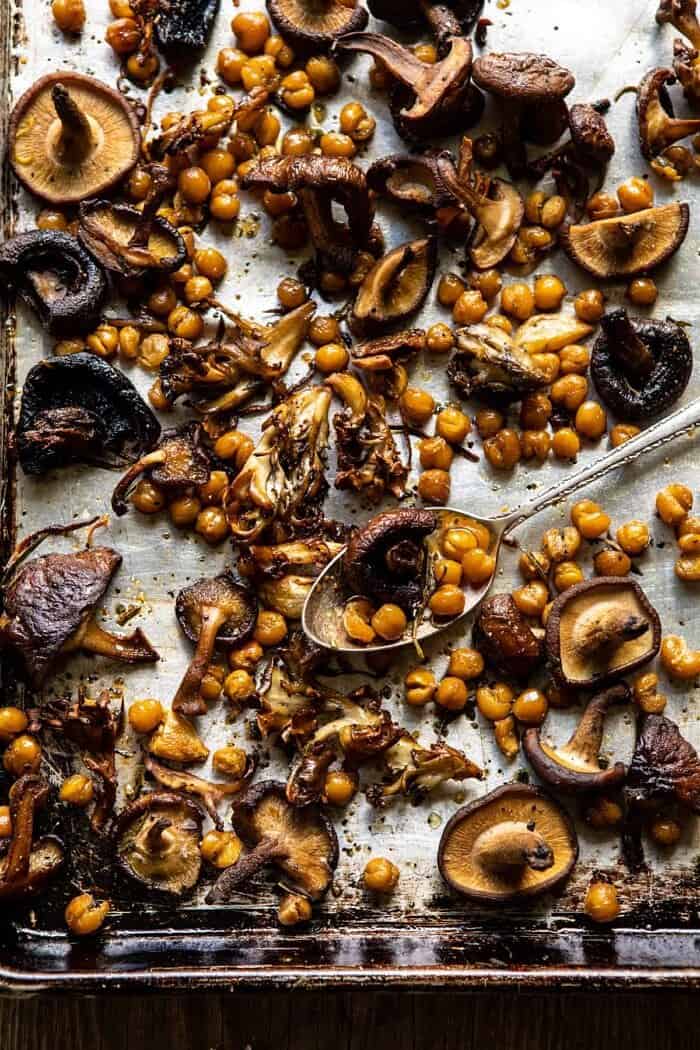 Slow Roasted Mushroom Pasta with Crisp Rosemary Chickpeas | halfbakedharvest.com prep photo of Slow Roasted Mushrooms and Crisp Rosemary Chickpeas on baking sheet