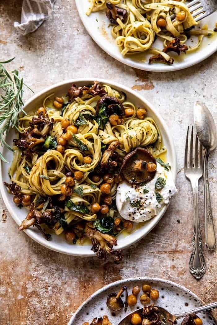 Slow Roasted Mushroom Pasta with Crisp Rosemary Chickpeas | halfbakedharvest.com overhead photo of Slow Roasted Mushroom Pasta with Crisp Rosemary Chickpeas