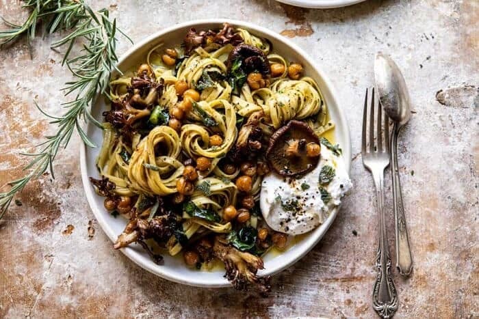 Slow Roasted Mushroom Pasta with Crisp Rosemary Chickpeas | halfbakedharvest.com overhead horizontal photo of Slow Roasted Mushroom Pasta with Crisp Rosemary Chickpeas