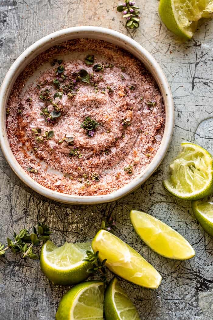 Spicy Cucumber Margarita | halfbakedharvest.com overhead prep photo of chili salt