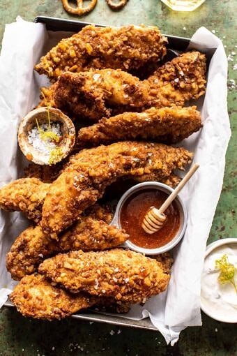Spicy Honey Mustard Pretzel Chicken Fingers | halfbakedharvest.com
