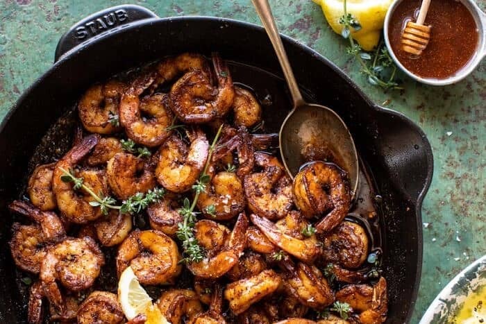 15 Minute Cajun Hot Honey Butter Shrimp | halfbakedharvest.com overhead horizontal photo of 15 Minute Cajun Hot Honey Butter Shrimp in skillet