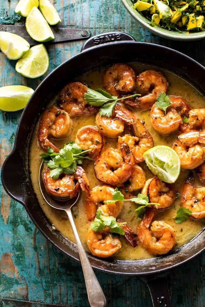20 Minute Honey Garlic Butter Shrimp | halfbakedharvest.com overhead photo of 20 Minute Honey Garlic Butter Shrimp in skillet