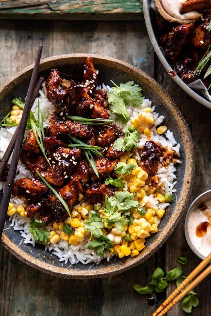 25 Minute Korean Bulgogi BBQ Chicken with Spicy Garlic Butter Corn | halfbakedharvest.com overhead photo of 25 Minute Korean Bulgogi BBQ Chicken with Spicy Garlic Butter Corn
