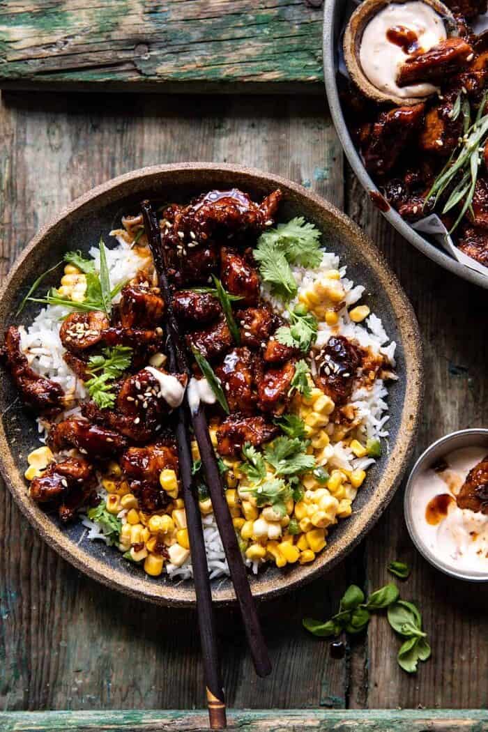 25 Minute Korean Bulgogi BBQ Chicken with Spicy Garlic Butter Corn | halfbakedharvest.com overhead close up photo of 25 Minute Korean Bulgogi BBQ Chicken with Spicy Garlic Butter Corn