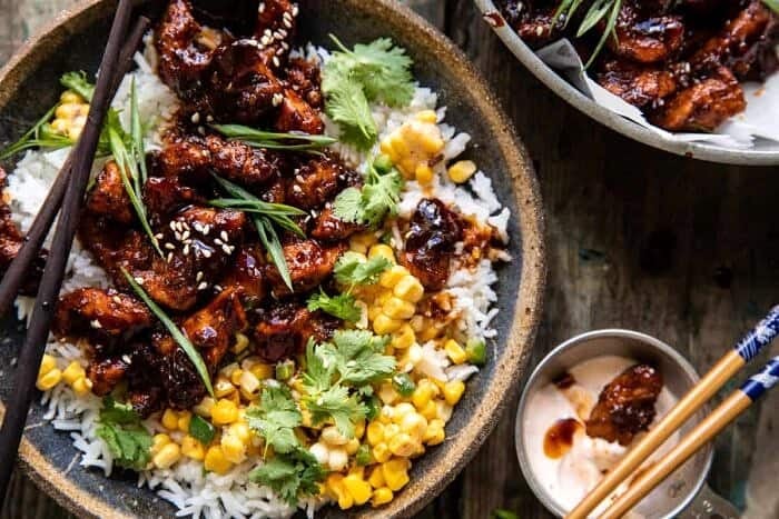 25 Minute Korean Bulgogi BBQ Chicken with Spicy Garlic Butter Corn | halfbakedharvest.com overhead horizontal photo of 25 Minute Korean Bulgogi BBQ Chicken with Spicy Garlic Butter Corn