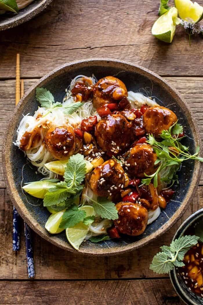 30 Minute Sticky Thai Meatballs with Sesame Noodles | halfbakedharvest.com overhead photo of 30 Minute Sticky Thai Meatballs with Sesame Noodles