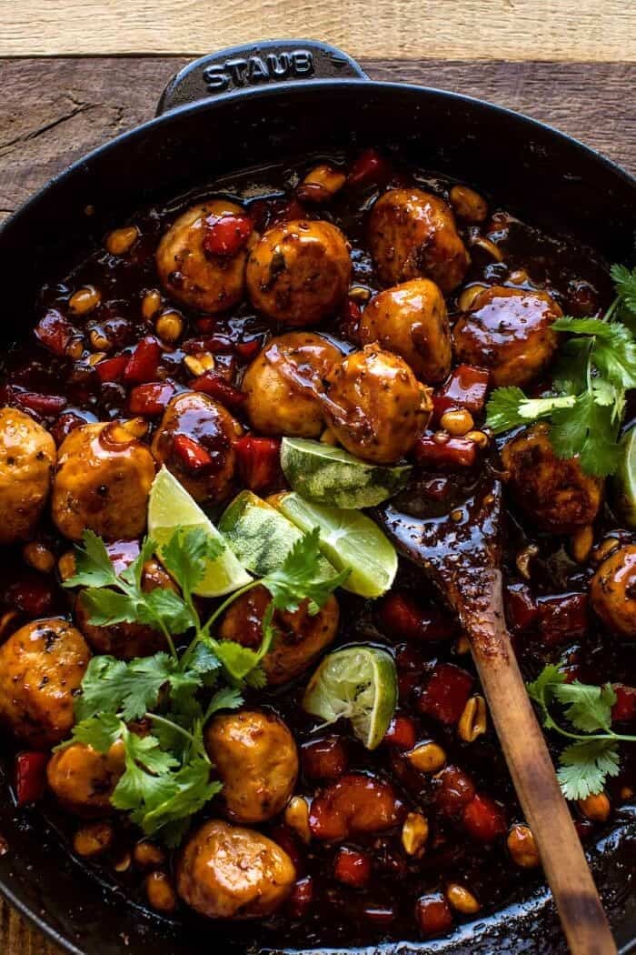 30 Minute Sticky Thai Meatballs with Sesame Noodles | halfbakedharvest.com overhead photo of 30 Minute Sticky Thai Meatballs in skillet after cooking