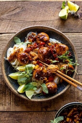 30 Minute Sticky Thai Meatballs with Sesame Noodles | halfbakedharvest.com
