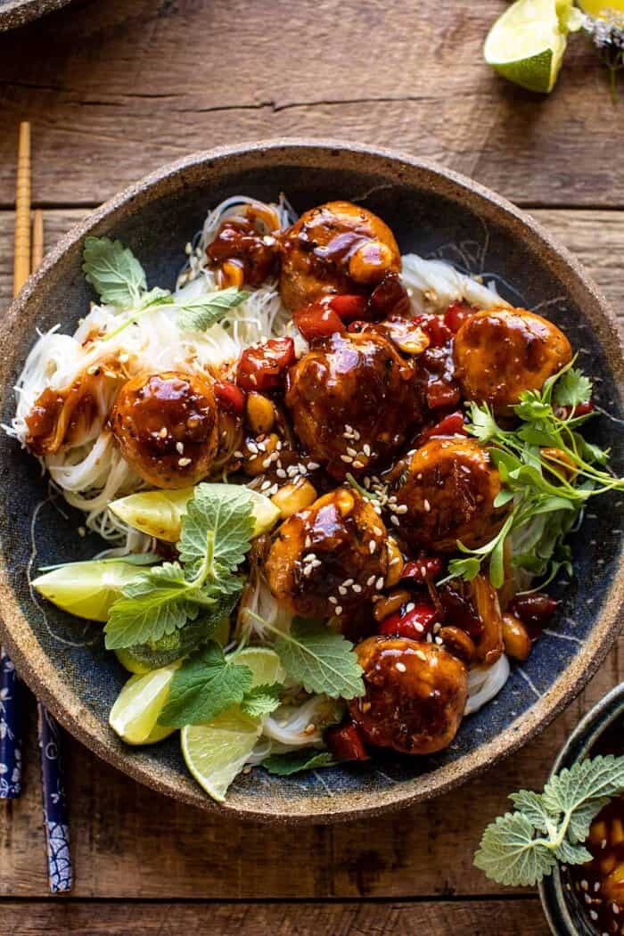 30 Minute Sticky Thai Meatballs with Sesame Noodles | halfbakedharvest.com overhead close up of 30 Minute Sticky Thai Meatballs with Sesame Noodles