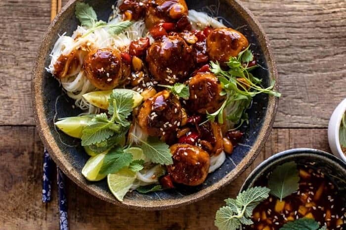 30 Minute Sticky Thai Meatballs with Sesame Noodles | halfbakedharvest.com overhead horizontal photo of 30 Minute Sticky Thai Meatballs with Sesame Noodles