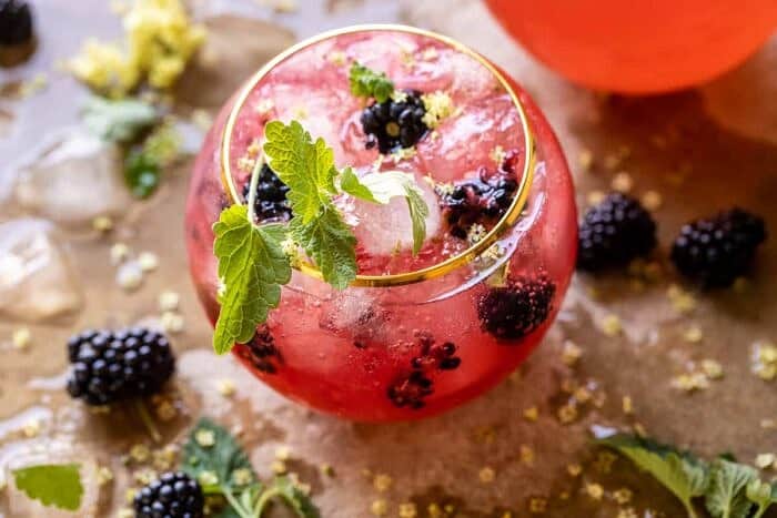 Blackberry Champagne Mule | halfbakedharvest.com overhead horizontal photo of Blackberry Champagne Mule