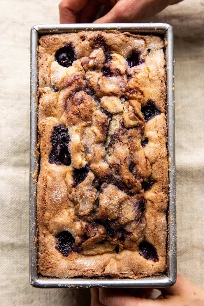 Blueberry Lemon Thyme Cake | halfbakedharvest.com Blueberry Lemon Thyme Cake after baking in loaf pan