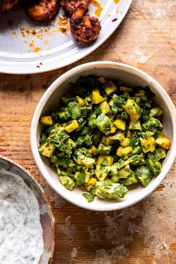 overhead photo of mango salsa in bowl