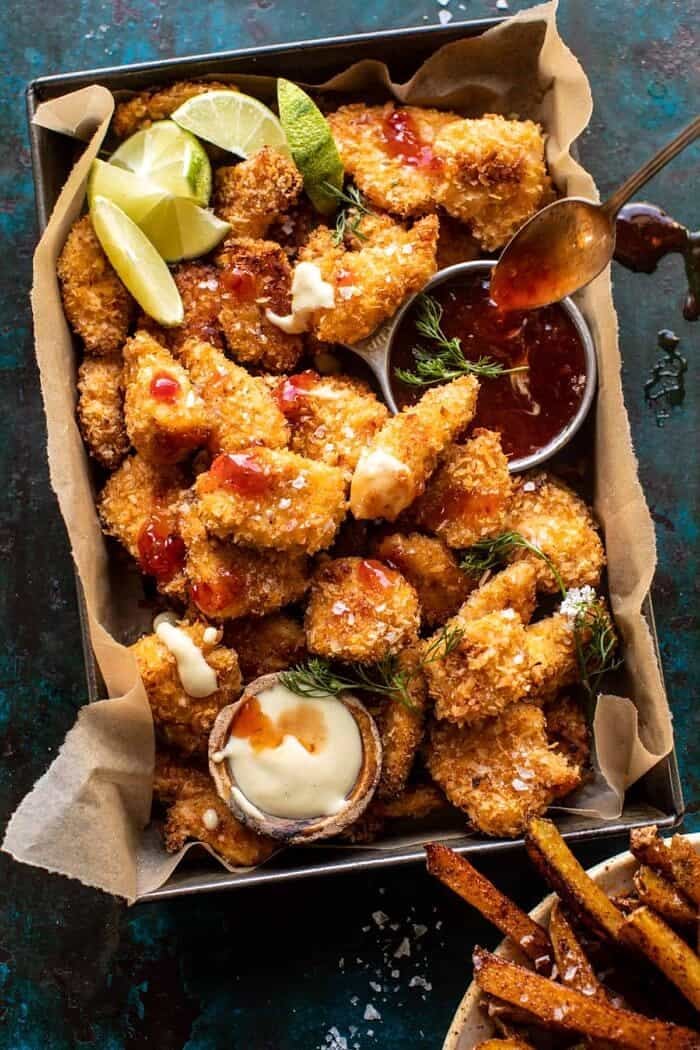 Coconut Popcorn Chicken with Sweet Thai Chili Lime Sauce | halfbakedharvest.com