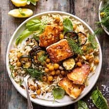 Crispy Lemon Feta with Spiced Chickpeas and Basil Orzo | halfbakedharvest.com