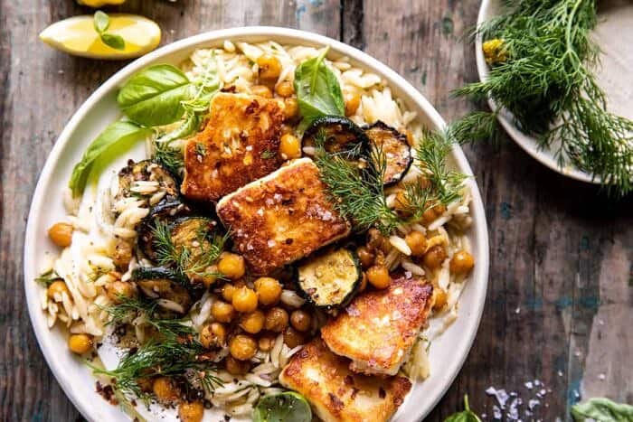 Crispy Lemon Feta with Spiced Chickpeas and Basil Orzo | halfbakedharvest.com overhead horizontal photo of Crispy Lemon Feta with Spiced Chickpeas and Basil Orzo